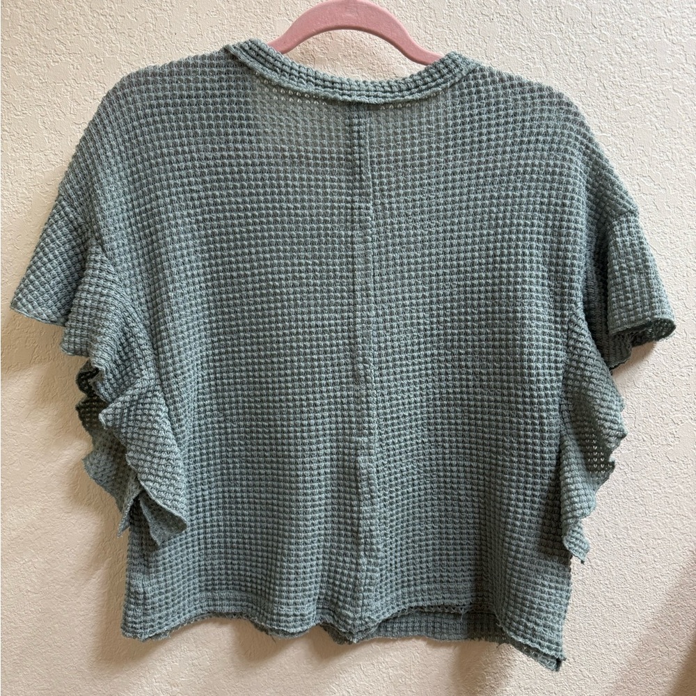 Altar'd State Sage Green Waffle Knit Ruffled Sleeve Blouse - Picture 3 of 10